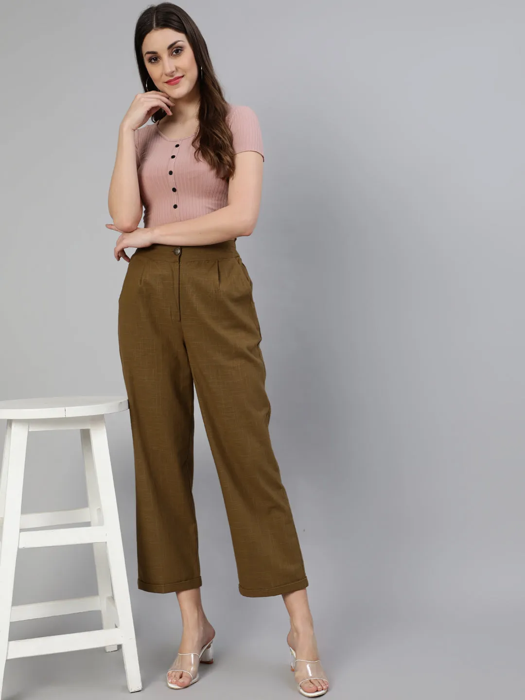Olive Cotton Slub Straight High Rise Bottom Fold Pants