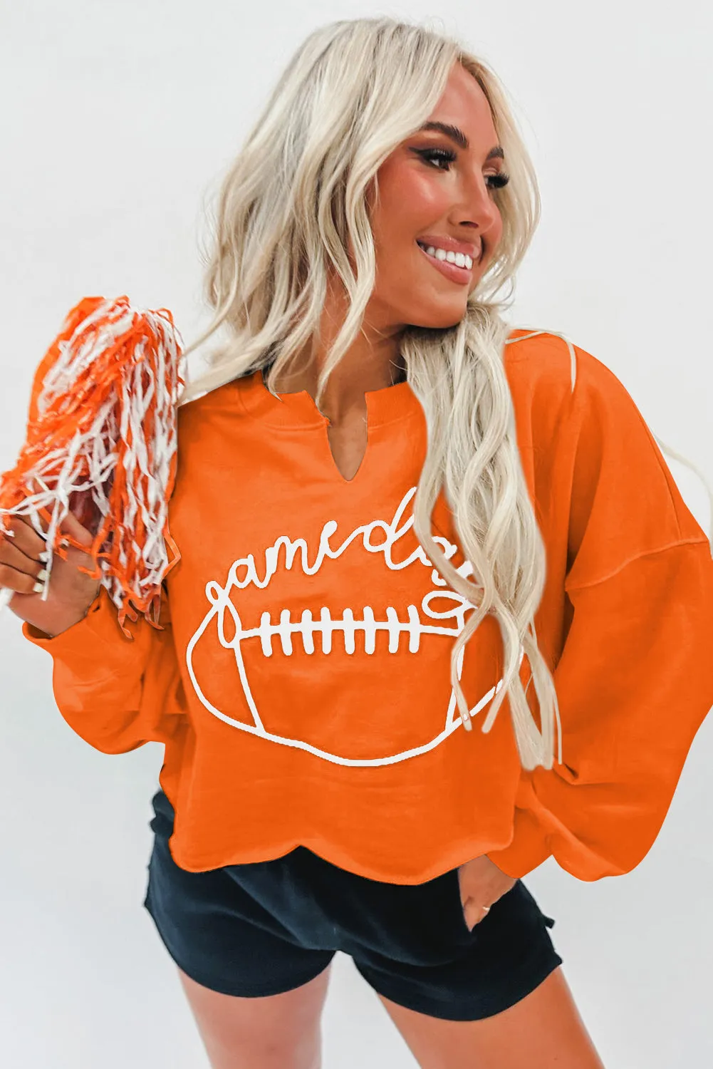 Orange Game Day Lettering Rugby Notched Neck Sweatshirt