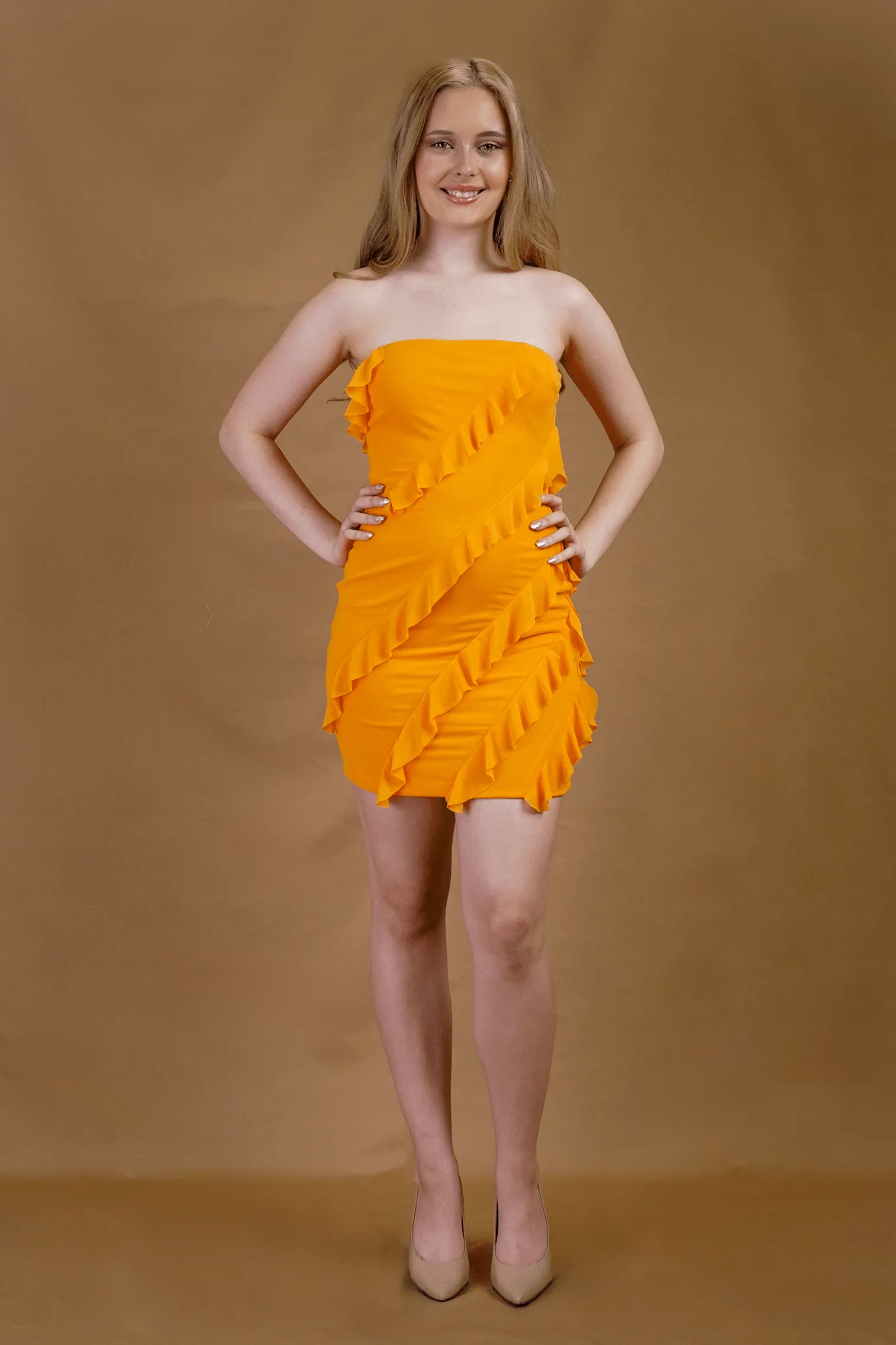Orange Ruffle Detail Mini Tube Dress