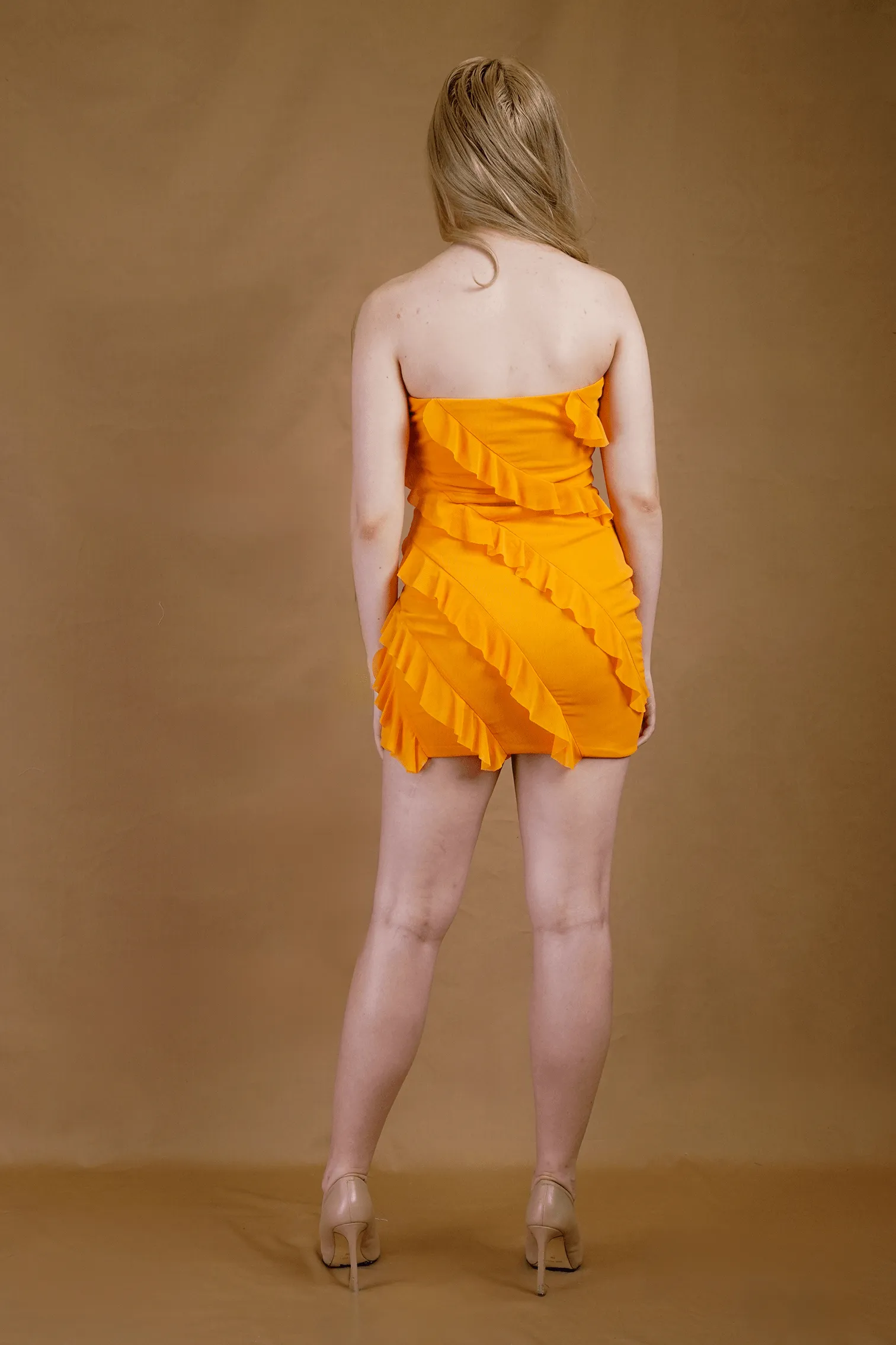 Orange Ruffle Detail Mini Tube Dress