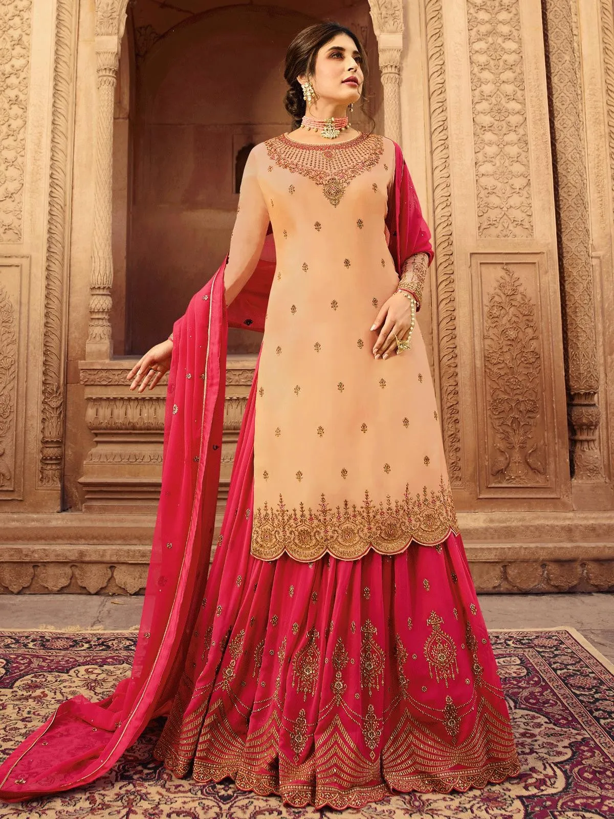 Peach And Deep Pink Designer Lehenga/Pant Suit