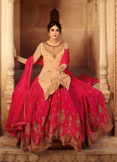 Peach And Deep Pink Designer Lehenga/Pant Suit