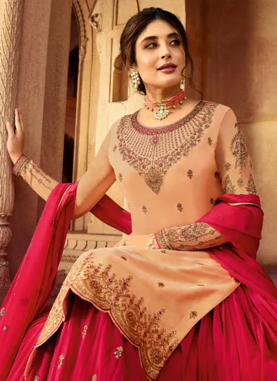 Peach And Deep Pink Designer Lehenga/Pant Suit
