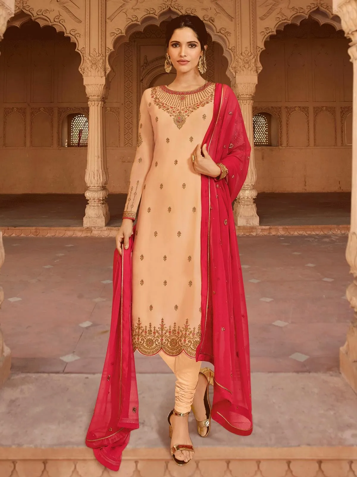 Peach And Deep Pink Designer Lehenga/Pant Suit