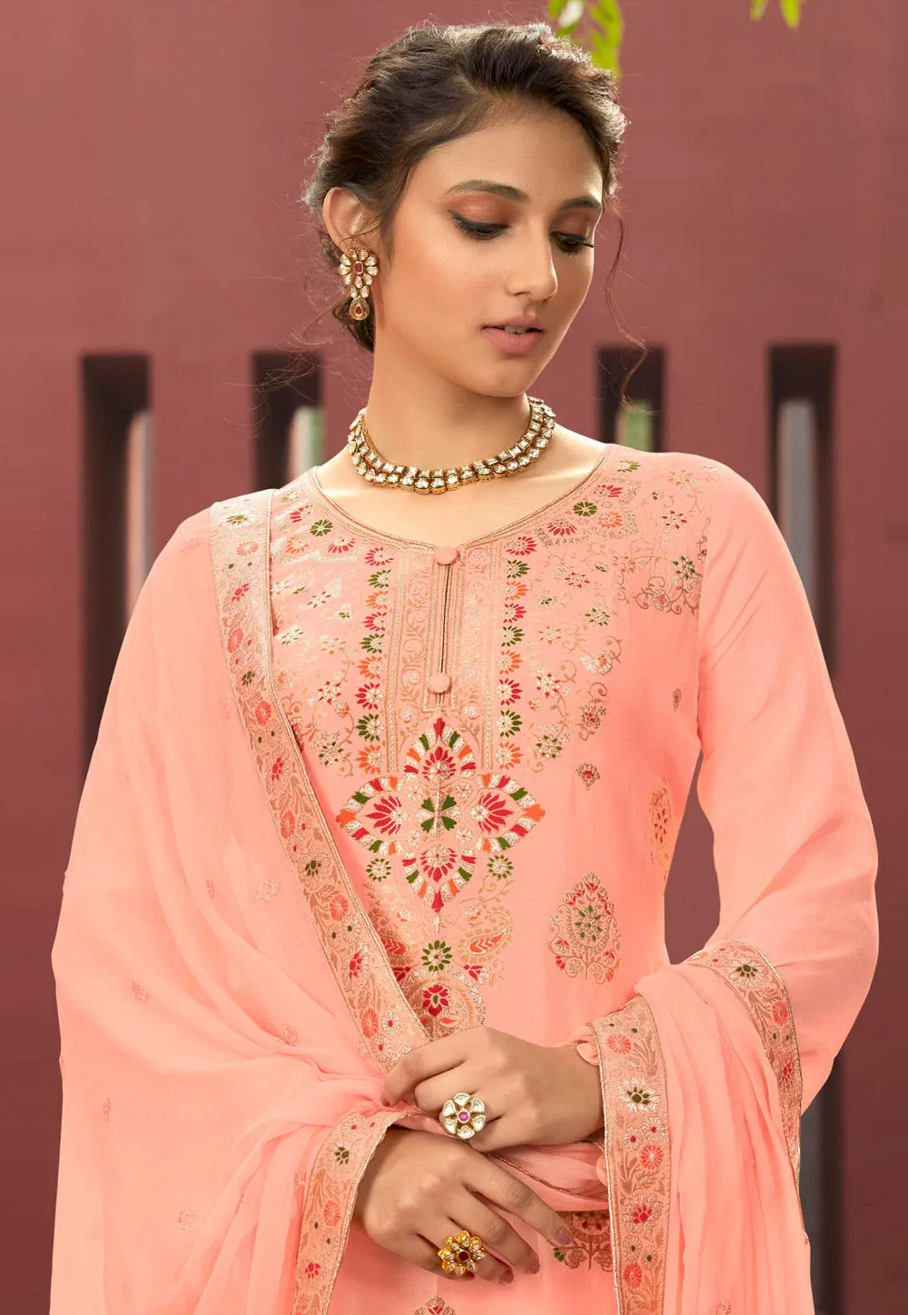 Peach Multi Embroidered Palazzo Suit