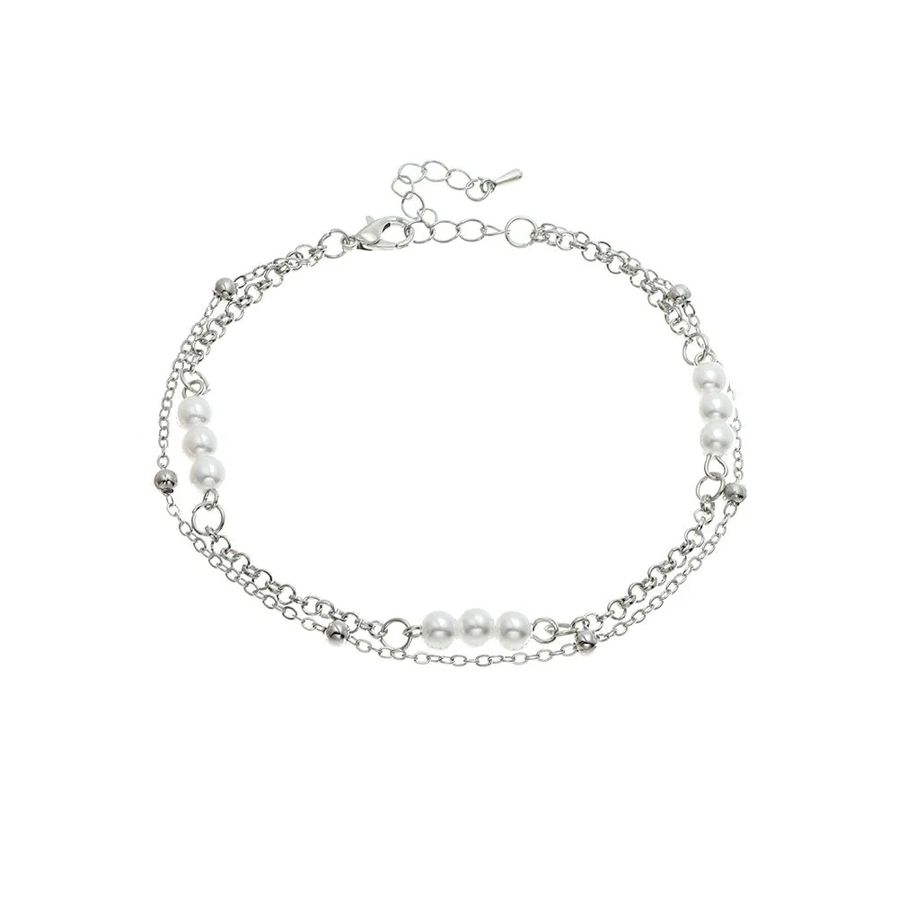 Pearl & Silver-Plated Layered Anklet