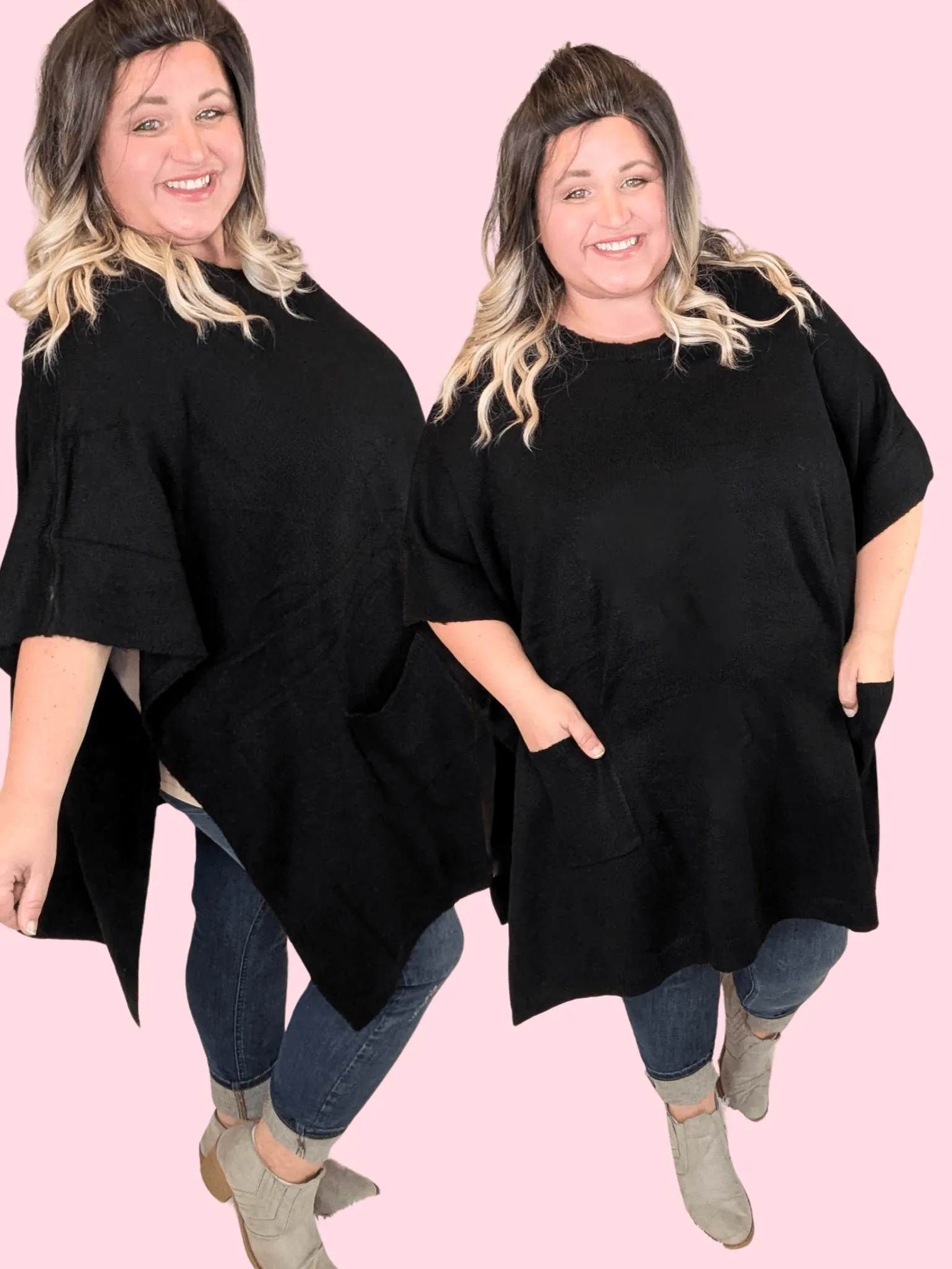 Penelope Oversized Short Sleeve Sweater w/Pockets in Black