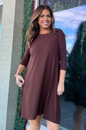 Piko 3/4 Sleeve Swing Dress - Dark Brown