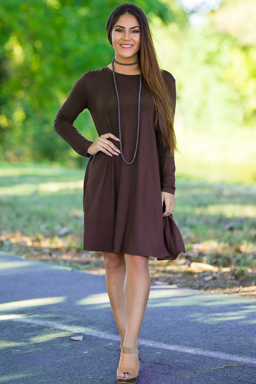 Piko 3/4 Sleeve Swing Dress - Dark Brown
