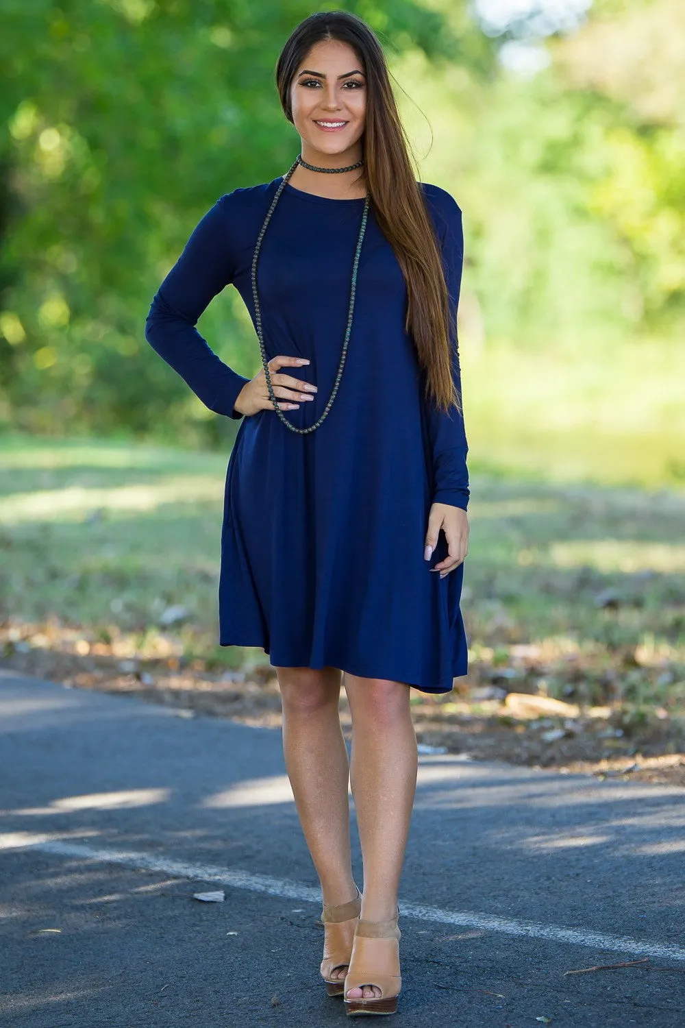 Piko 3/4 Sleeve Swing Dress - Navy