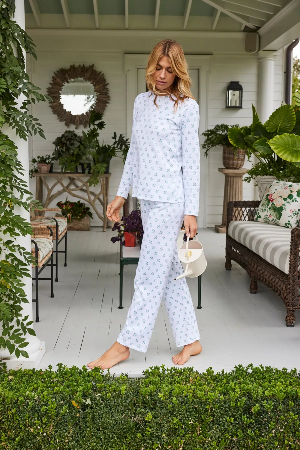 Pima Crew Long-Long Set in Boxwood Moroccan Blockprint