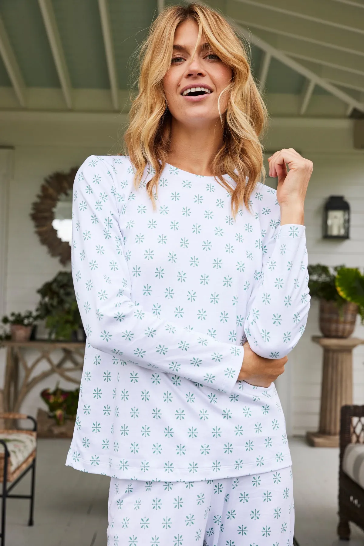 Pima Crew Long-Long Set in Boxwood Moroccan Blockprint