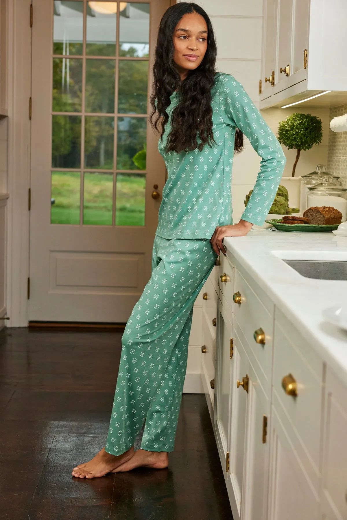 Pima Crew Long Sleeve Bundle in Boxwood Moroccan Blockprint