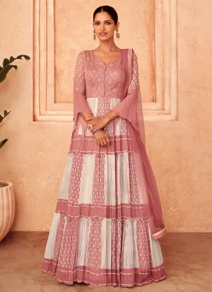 Pink And White Sequence Embroidery Georgette Anarkali Gown