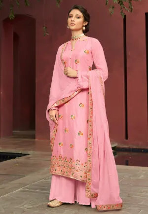 Pink Multi Embroidered Palazzo Suit