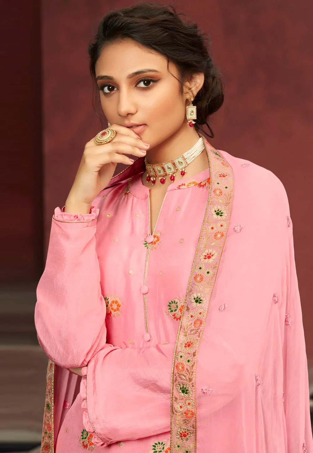 Pink Multi Embroidered Palazzo Suit
