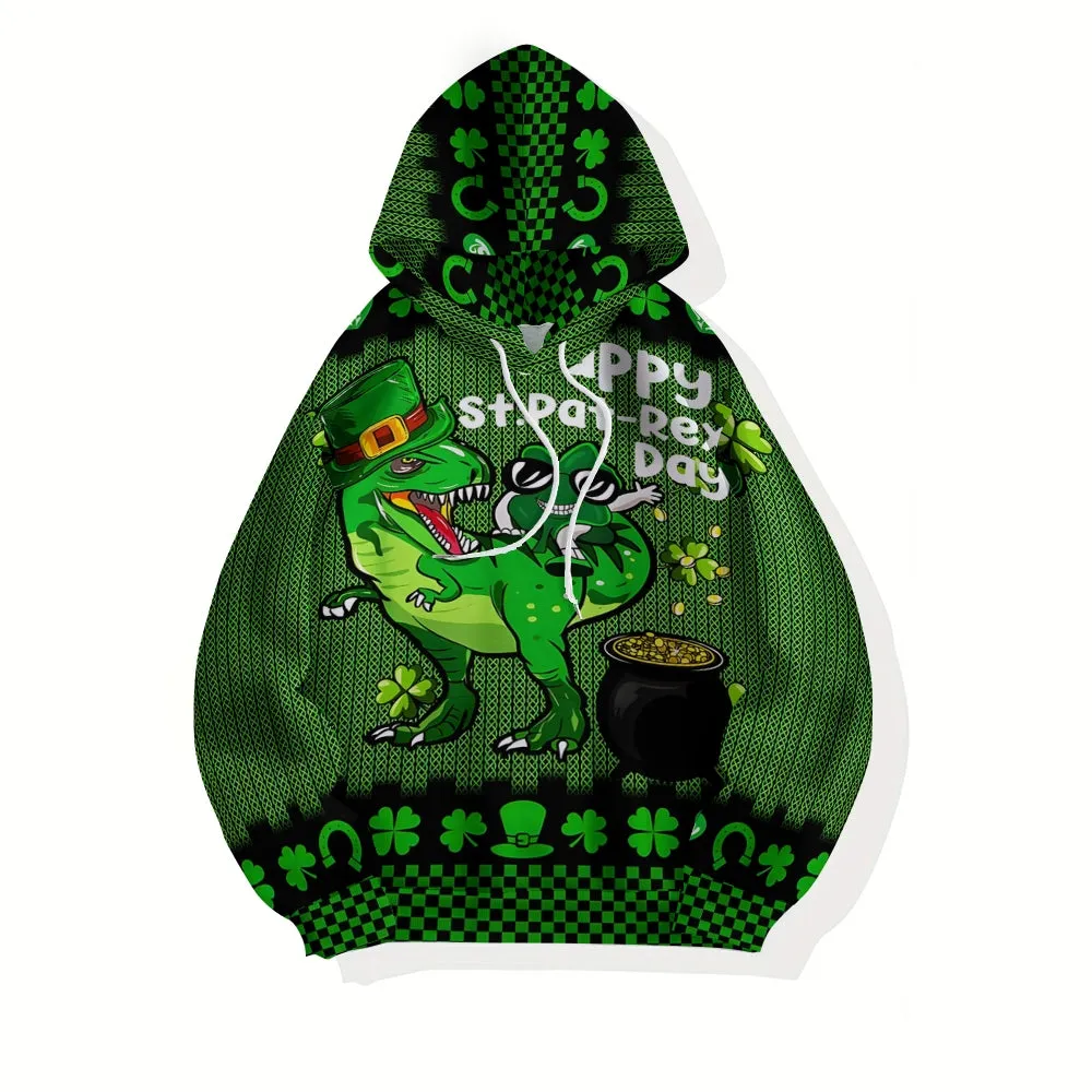 Plue Size Happy St. Patrick's Day Dinosaur Printed Hoodies 2411009041