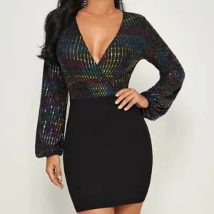Plugging Neck Wrap Sequin Bodice Bodycon Dress