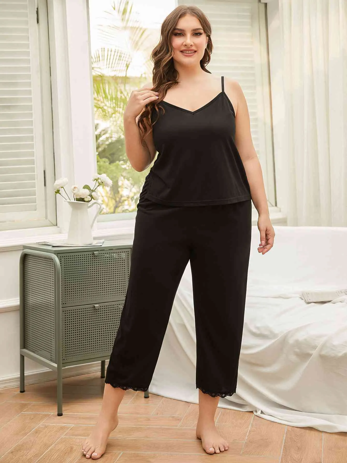 Plus Size Lace Trim Slit Cami and Pants Pajama Set (2 Colors)