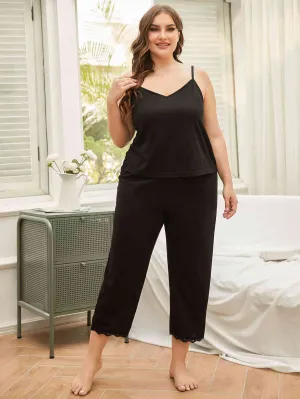 Plus Size Lace Trim Slit Cami and Pants Pajama Set (2 Colors)