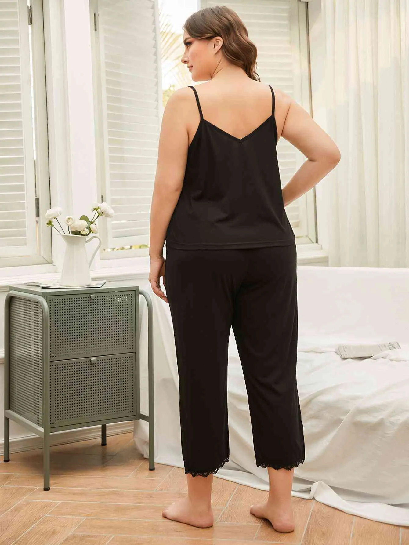 Plus Size Lace Trim Slit Cami and Pants Pajama Set (2 Colors)