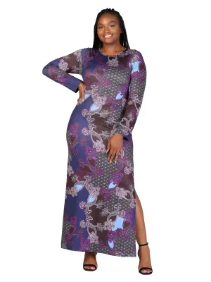 Plus Size Purple Paisley Long Sleeve Side Slit Fitted Maxi Dress