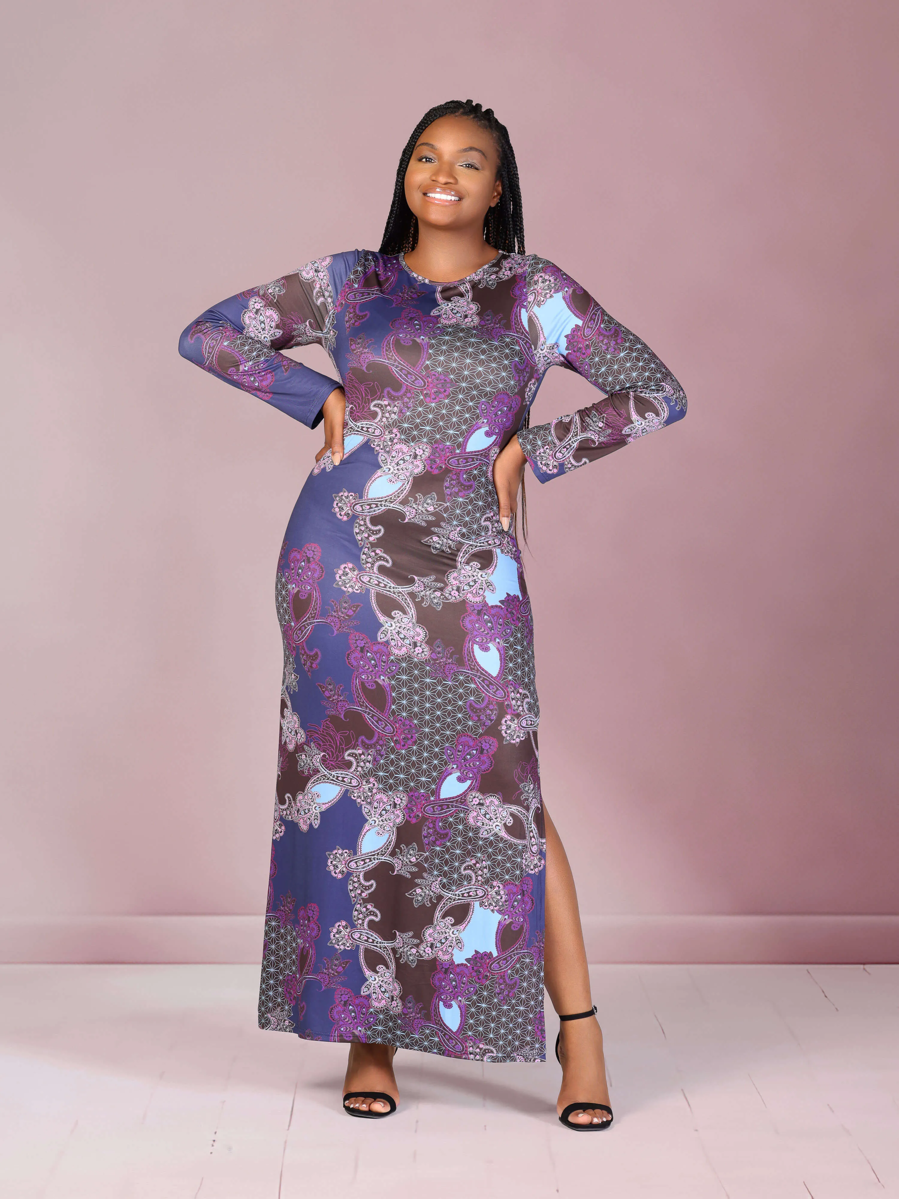 Plus Size Purple Paisley Long Sleeve Side Slit Fitted Maxi Dress