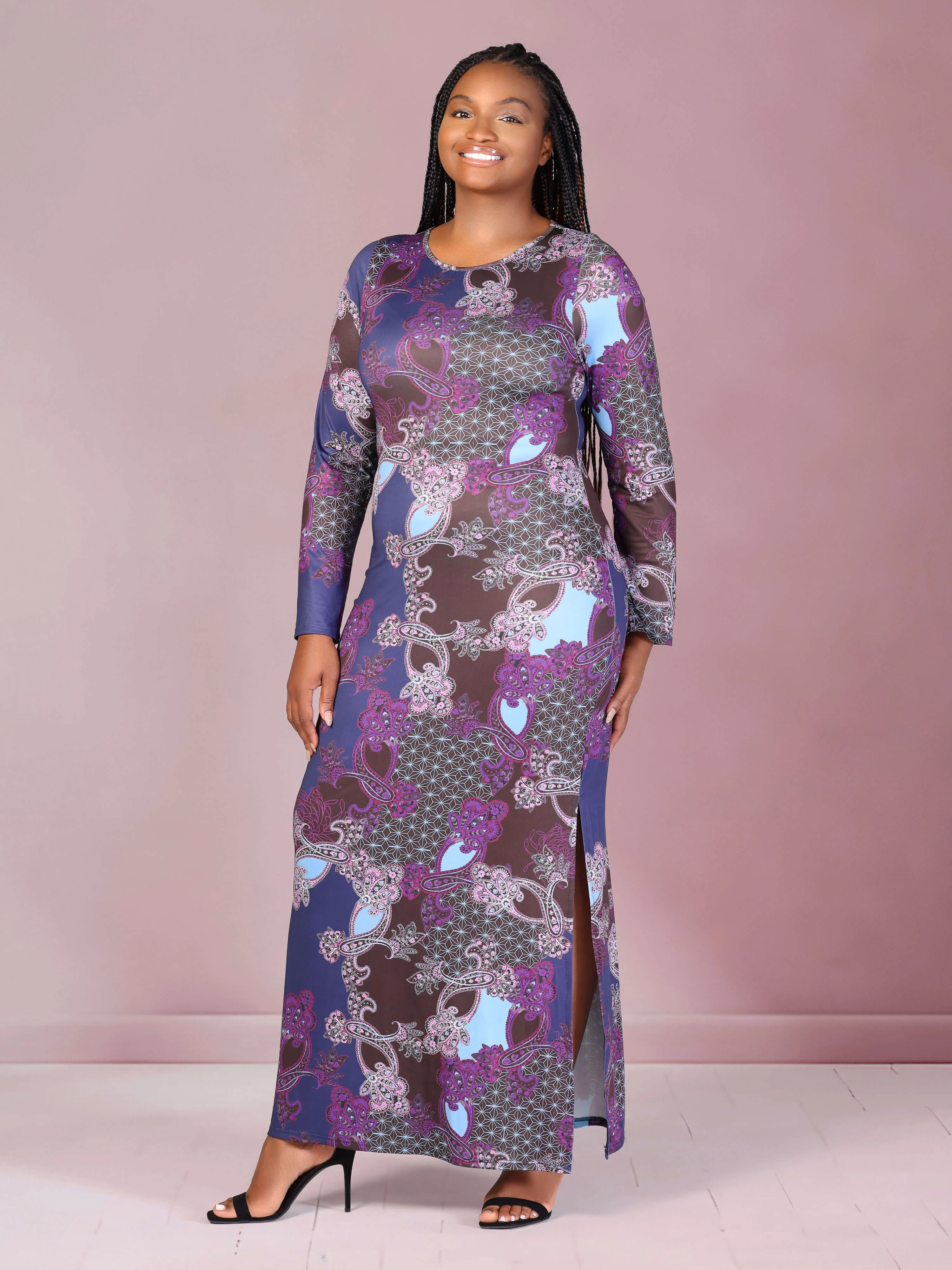 Plus Size Purple Paisley Long Sleeve Side Slit Fitted Maxi Dress