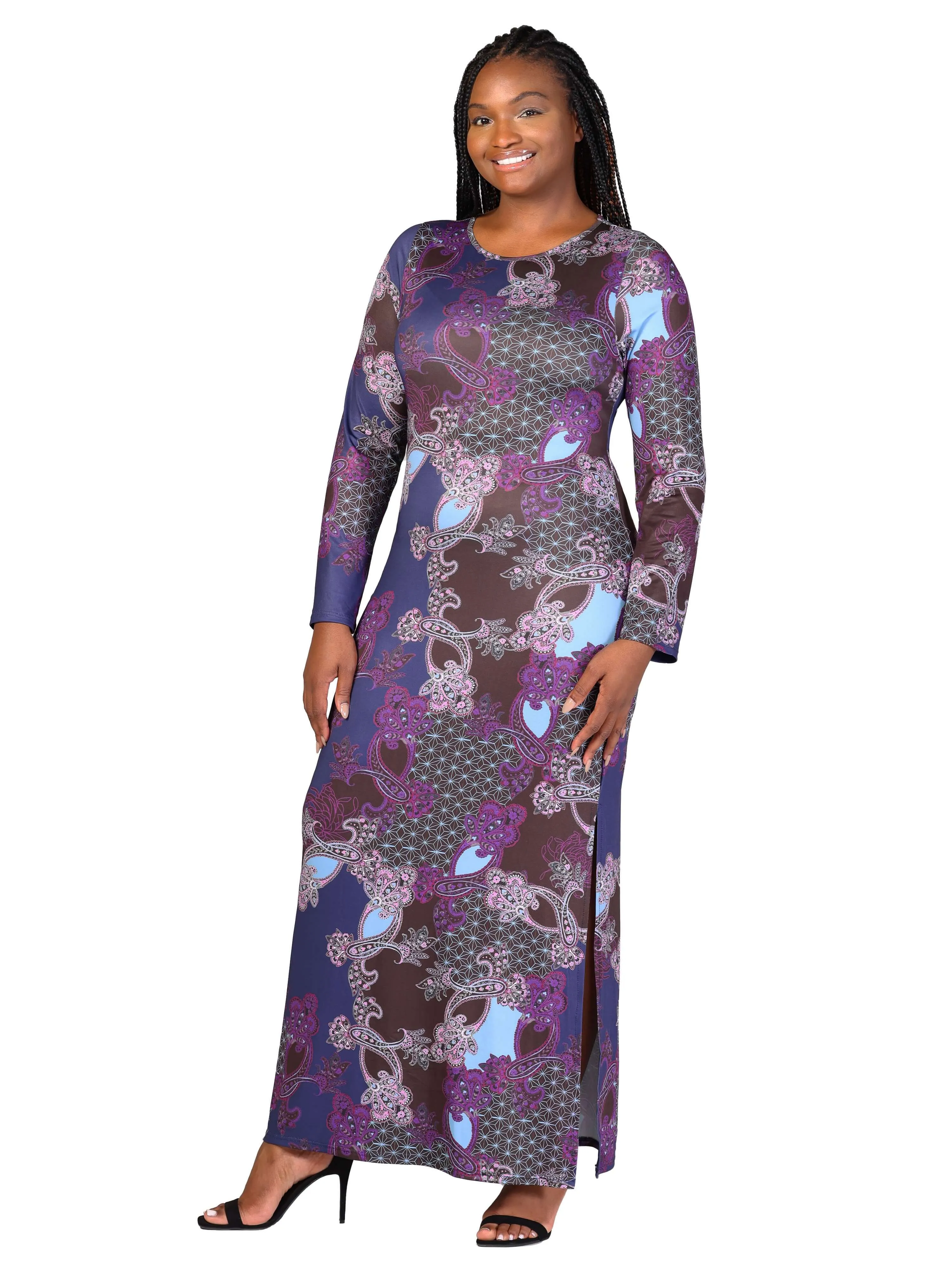 Plus Size Purple Paisley Long Sleeve Side Slit Fitted Maxi Dress