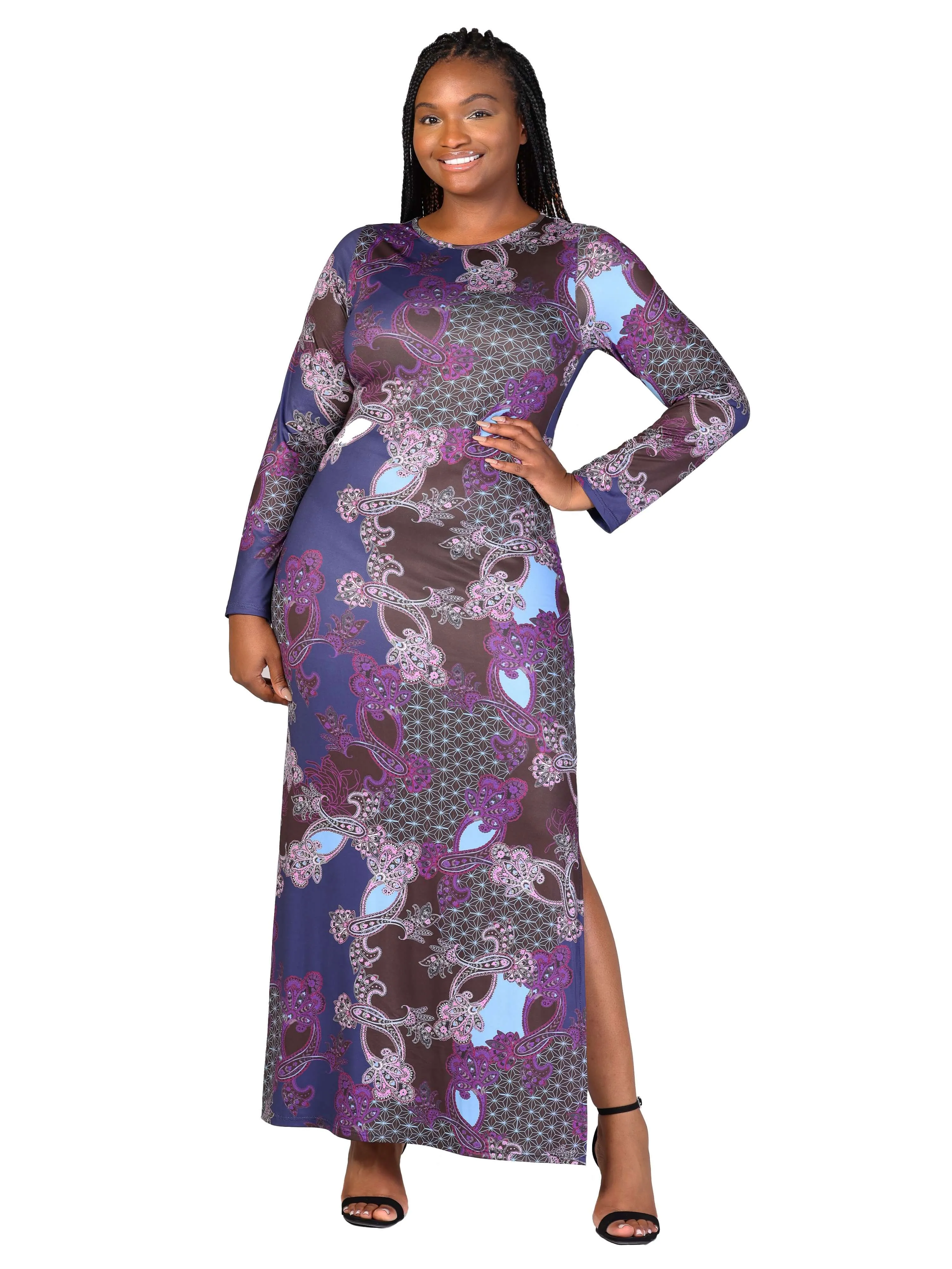 Plus Size Purple Paisley Long Sleeve Side Slit Fitted Maxi Dress