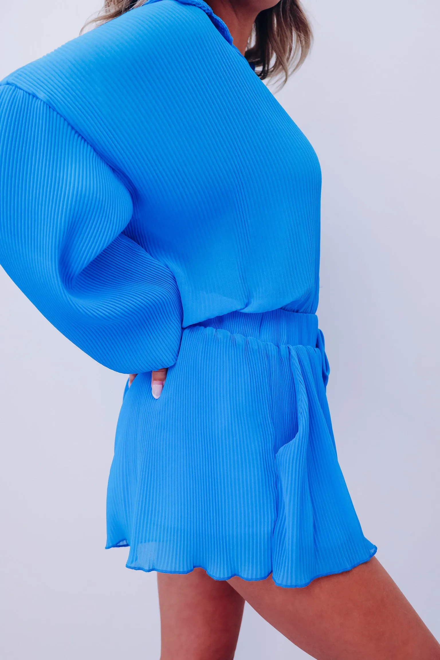Poised Plisse Button Down Shirt And Shorts Set - Blue