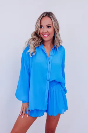Poised Plisse Button Down Shirt And Shorts Set - Blue