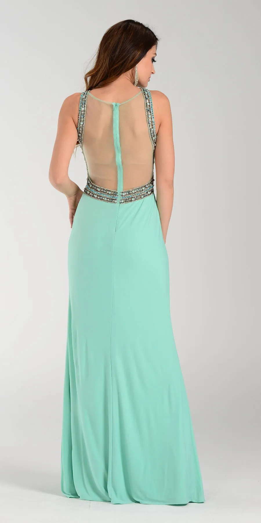 Poly USA 7360 Slit Fitted Dress Sexy Long Sheer Back