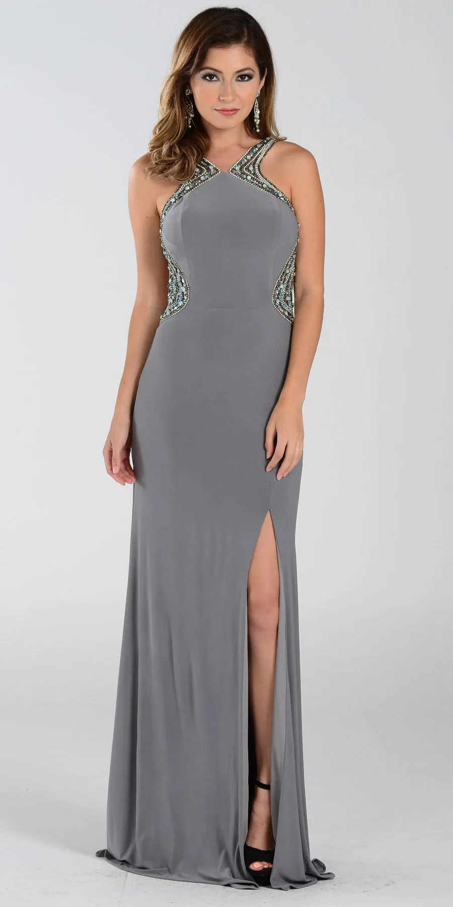 Poly USA 7360 Slit Fitted Dress Sexy Long Sheer Back