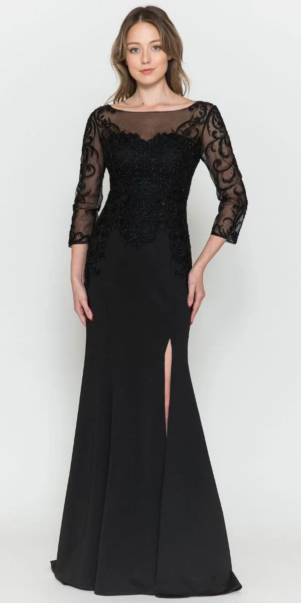 Poly USA 8564 Front Open Slit Jersey Skirt Mid-Sleeves Mother of the Bride Dress