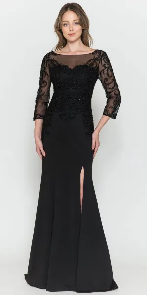 Poly USA 8564 Front Open Slit Jersey Skirt Mid-Sleeves Mother of the Bride Dress
