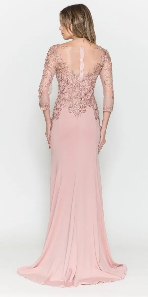 Poly USA 8564 Front Open Slit Jersey Skirt Mid-Sleeves Mother of the Bride Dress