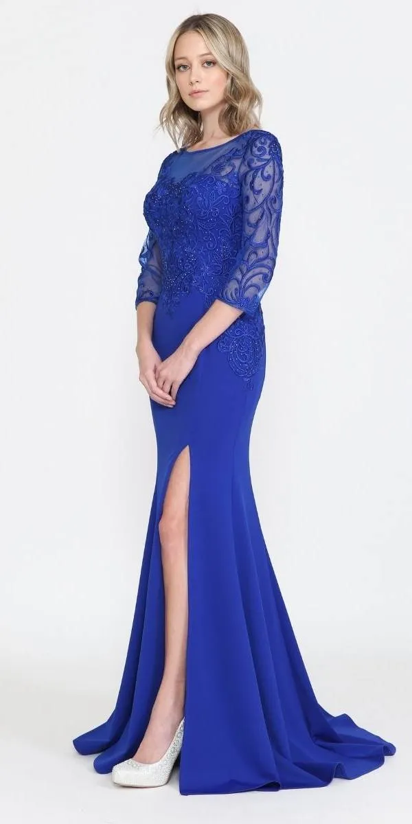 Poly USA 8564 Front Open Slit Jersey Skirt Mid-Sleeves Mother of the Bride Dress