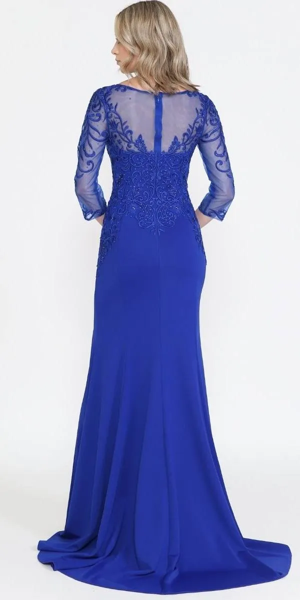 Poly USA 8564 Front Open Slit Jersey Skirt Mid-Sleeves Mother of the Bride Dress