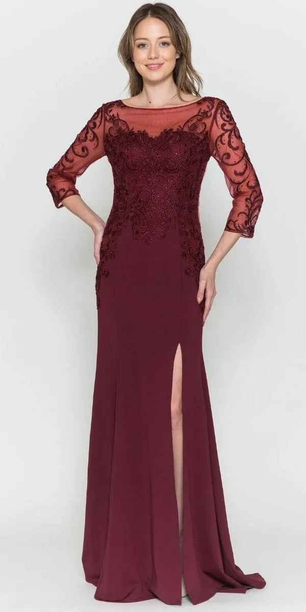 Poly USA 8564 Front Open Slit Jersey Skirt Mid-Sleeves Mother of the Bride Dress