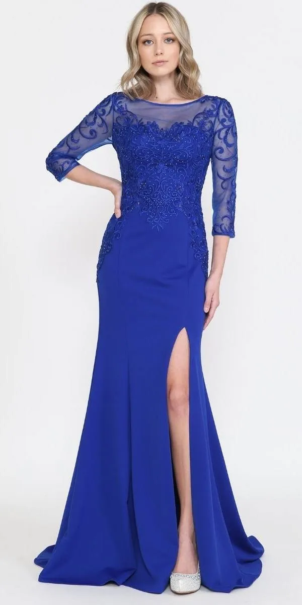 Poly USA 8564 Front Open Slit Jersey Skirt Mid-Sleeves Mother of the Bride Dress