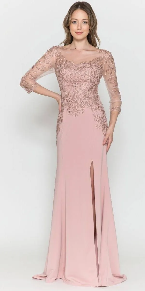 Poly USA 8564 Front Open Slit Jersey Skirt Mid-Sleeves Mother of the Bride Dress