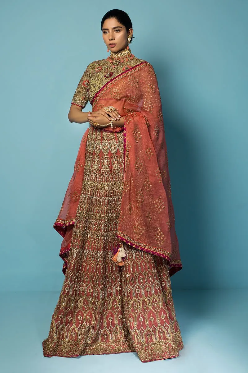 Popular Golden Lehenga Designs in Embellished Heavy Sitara Work on Bridal Peach Pink Lehenga Choli for Pakistani Bridal Dress in Raw Net #BN936