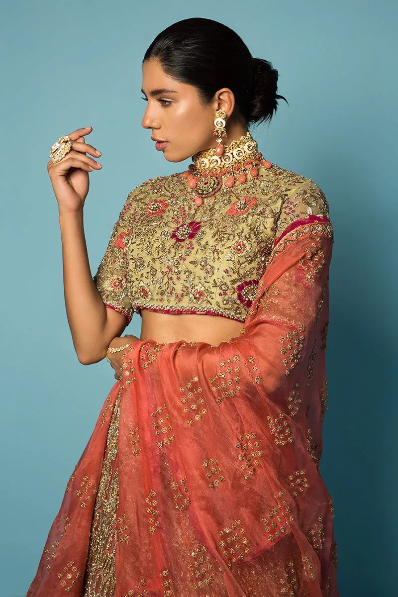 Popular Golden Lehenga Designs in Embellished Heavy Sitara Work on Bridal Peach Pink Lehenga Choli for Pakistani Bridal Dress in Raw Net #BN936