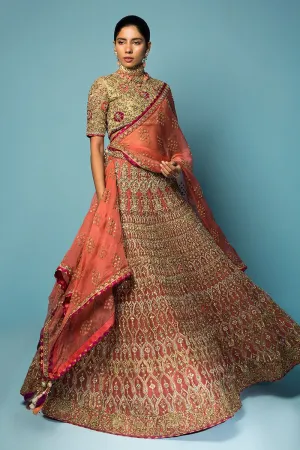 Popular Golden Lehenga Designs in Embellished Heavy Sitara Work on Bridal Peach Pink Lehenga Choli for Pakistani Bridal Dress in Raw Net #BN936