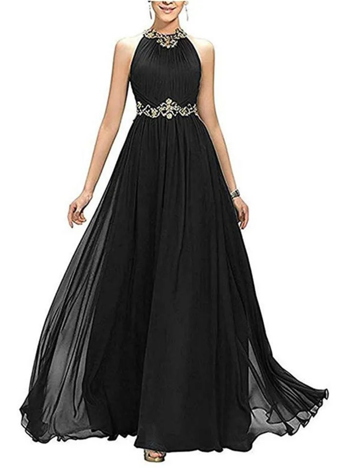 Pretty Halter Neck Beaded Fitted Waist Dress for Evening