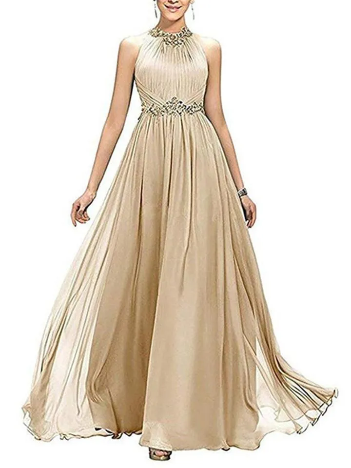 Pretty Halter Neck Beaded Fitted Waist Dress for Evening