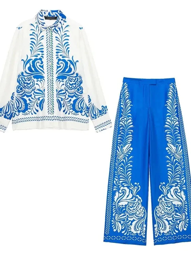Print Turn-Down Collar Long Sleeves Single Breasted Shirts High Waist Pants