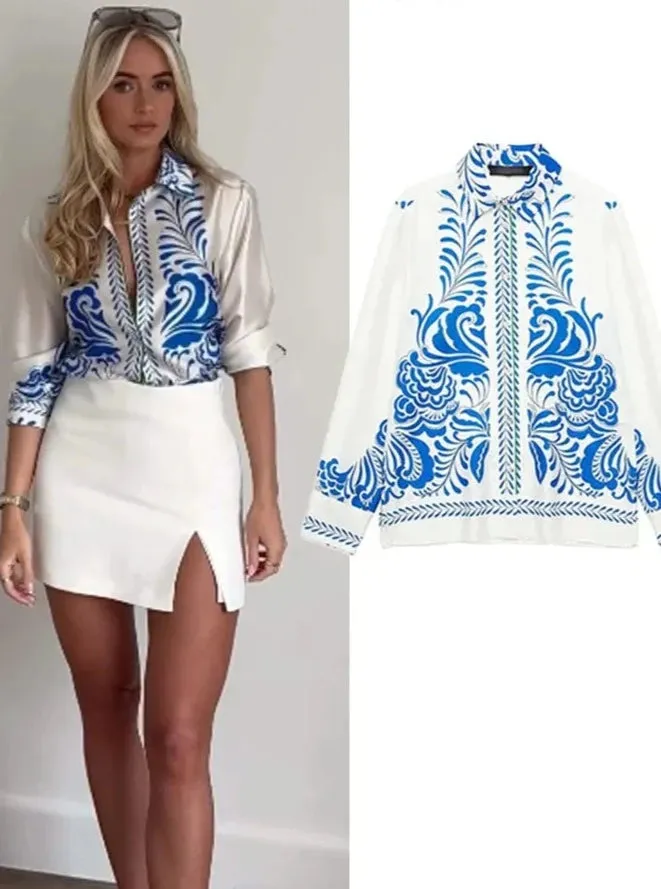 Print Turn-Down Collar Long Sleeves Single Breasted Shirts High Waist Pants