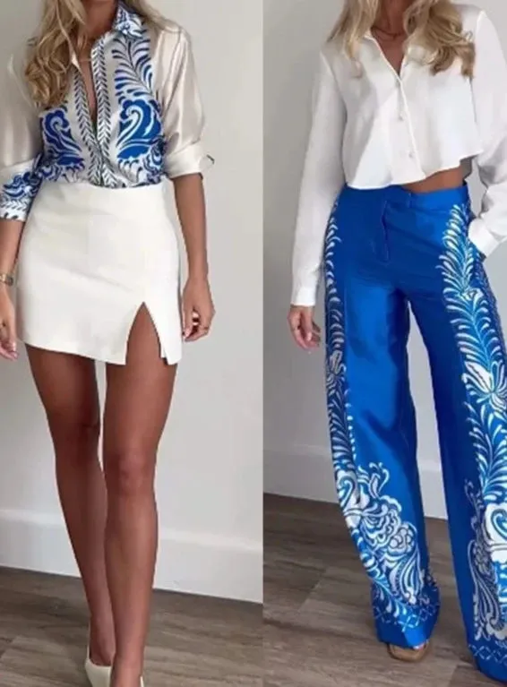 Print Turn-Down Collar Long Sleeves Single Breasted Shirts High Waist Pants